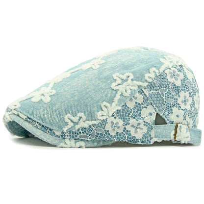 Genoa Floral Denim Beret in Light Blue