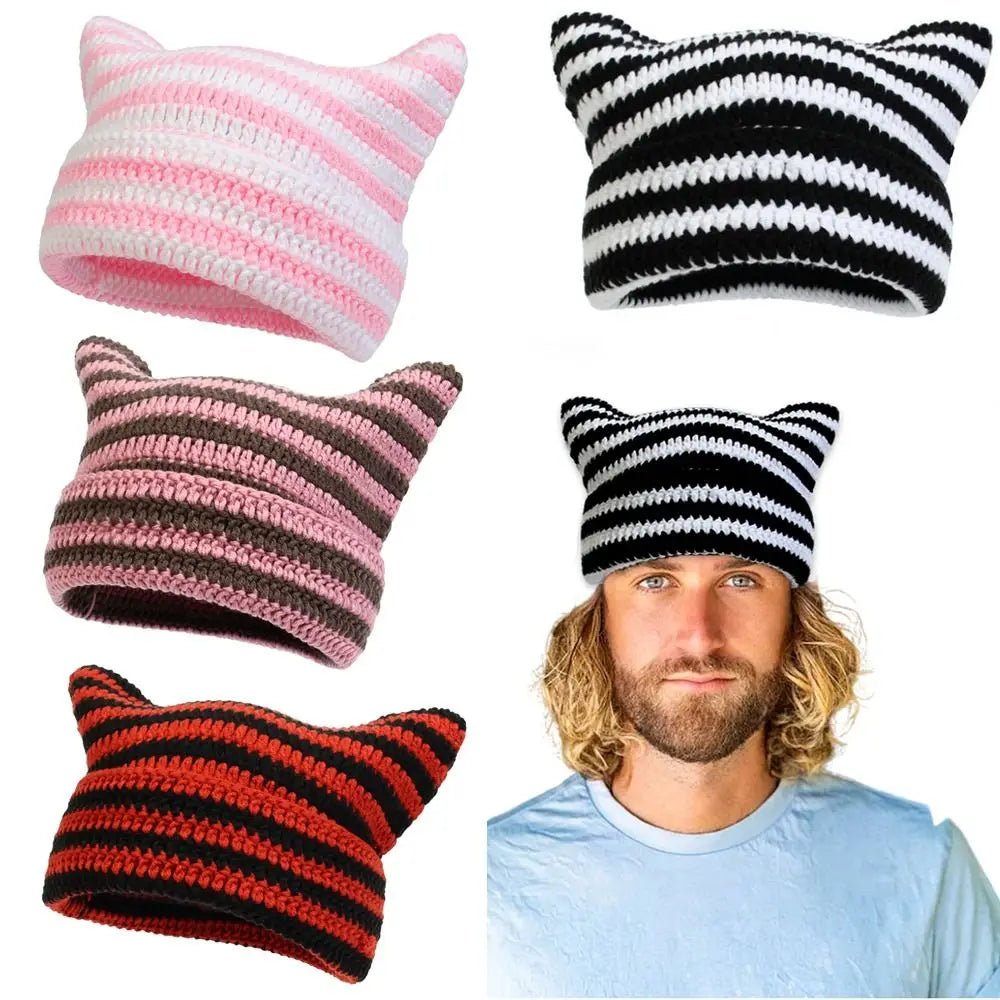 The Harajuku | Cat Ears Gothic Wool Striped Skullies Beanie | Urban Caps NZ