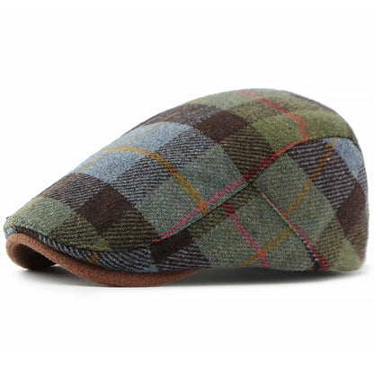 Bury Plaid Wool Beret in Army Green