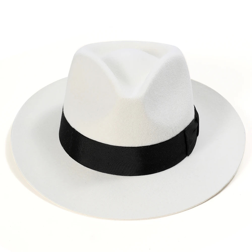 British Style White Fedora Hat – Premium Wool Felt Wide Brim Hat
