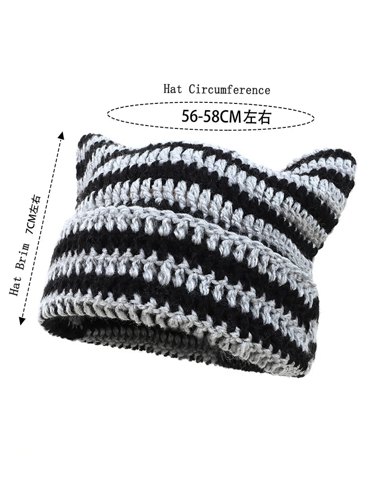 The Cattail | Cat Ears Slouchy Striped Knitted Beanie | Urban Caps NZ