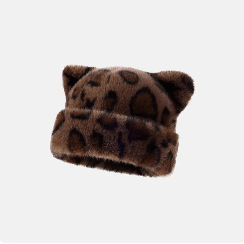 Amara Leopard Teddy Bear Beanie in Brown