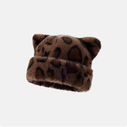 Amara Leopard Teddy Bear Beanie in Brown