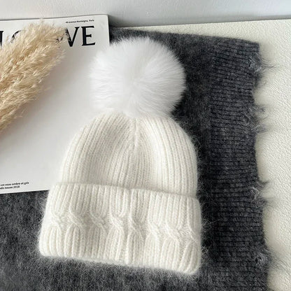 Windermere Fur Pompom Beanie in White