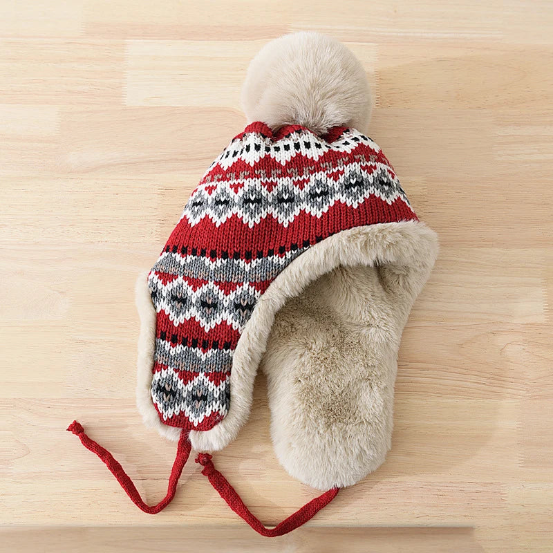 Whitehorse Knitted Patchwork Trapper Hat in Red