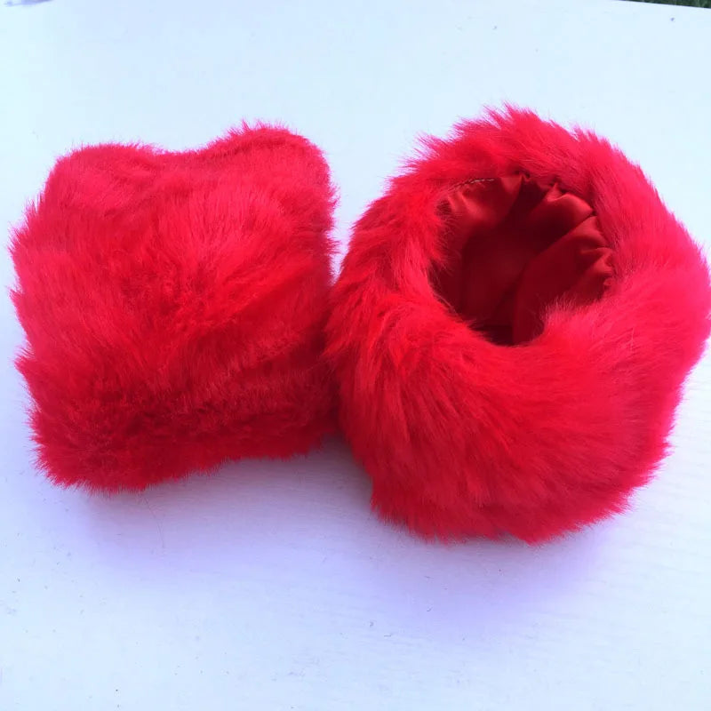 Belmont Faux Fur Wrist Warmers in Red