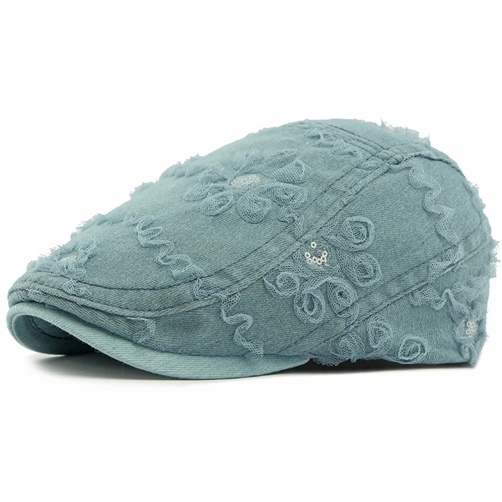 Genoa Floral Denim Beret in Light Blue