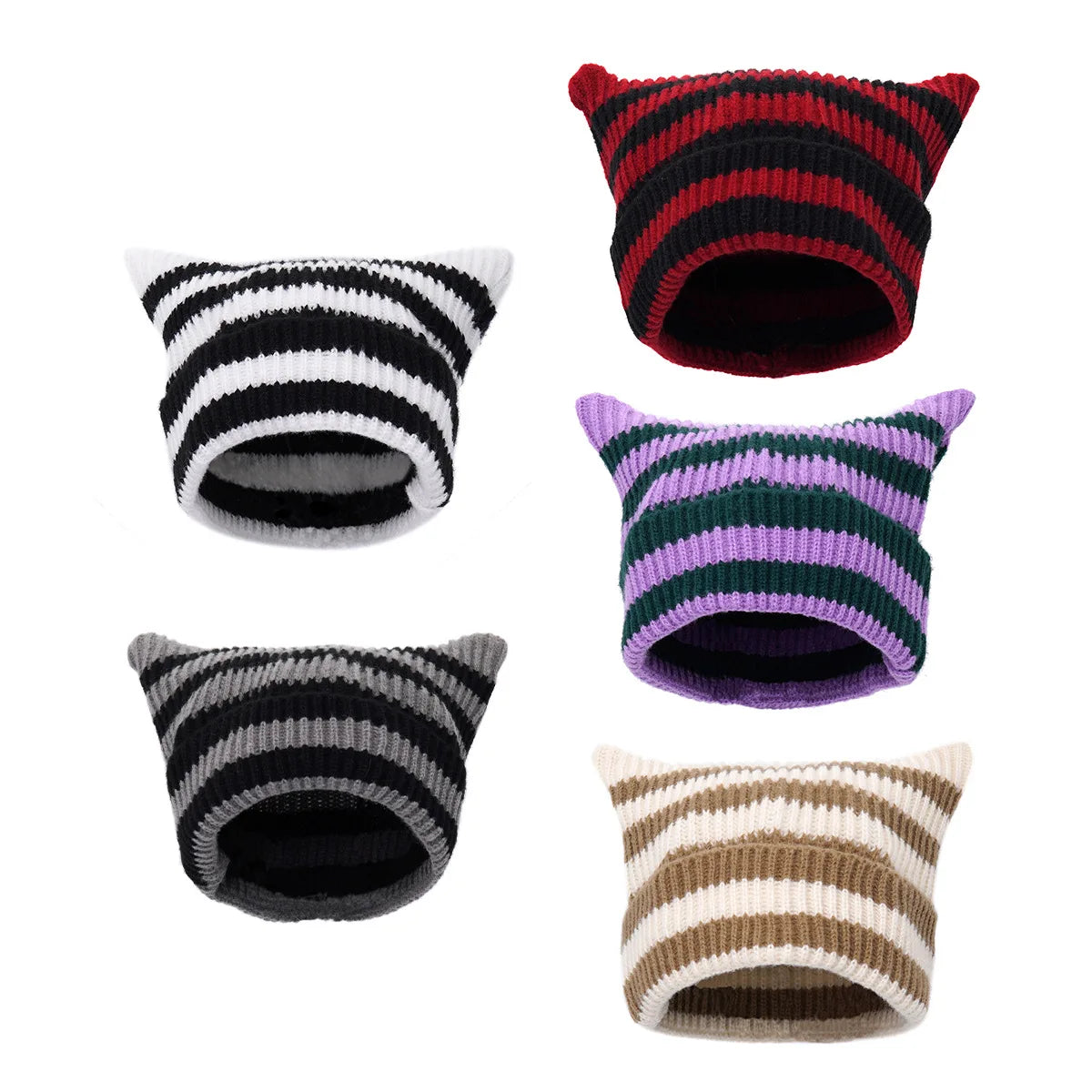 The Cattail | Cat Ears Slouchy Striped Knitted Beanie | Urban Caps NZ
