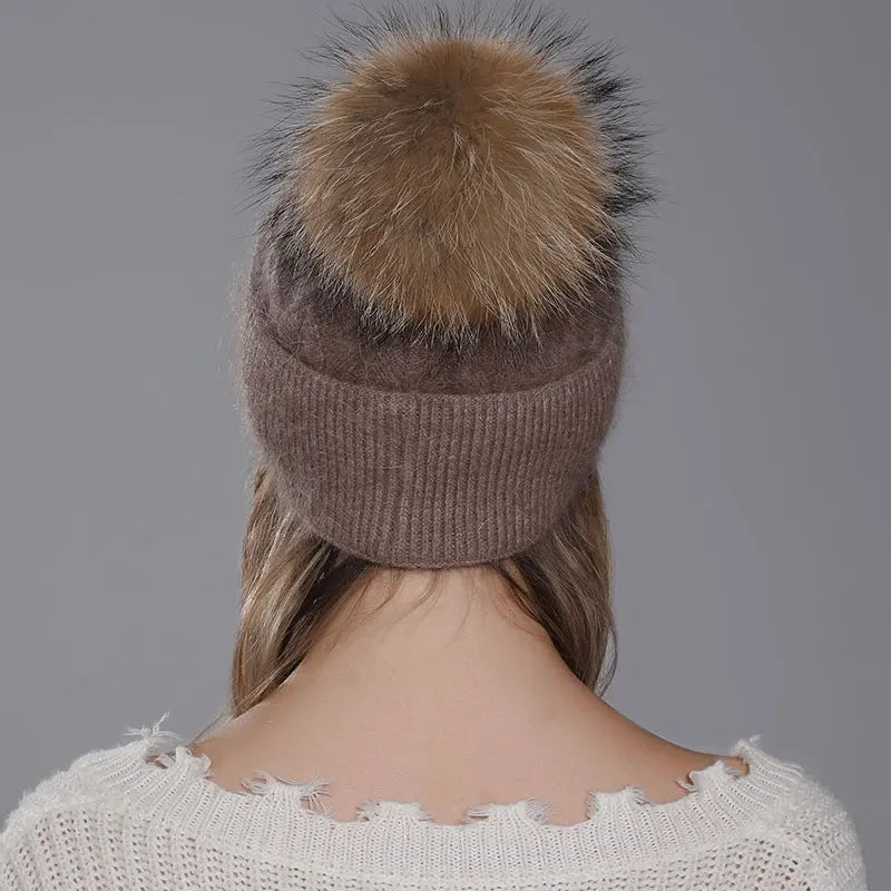 The Banff | Natural Raccoon Fur Pompom Knitted Beanie | Urban Caps NZ