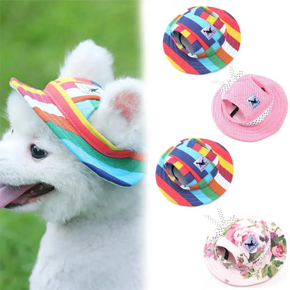 Colourful striped dog baseball cap shown in three sizes