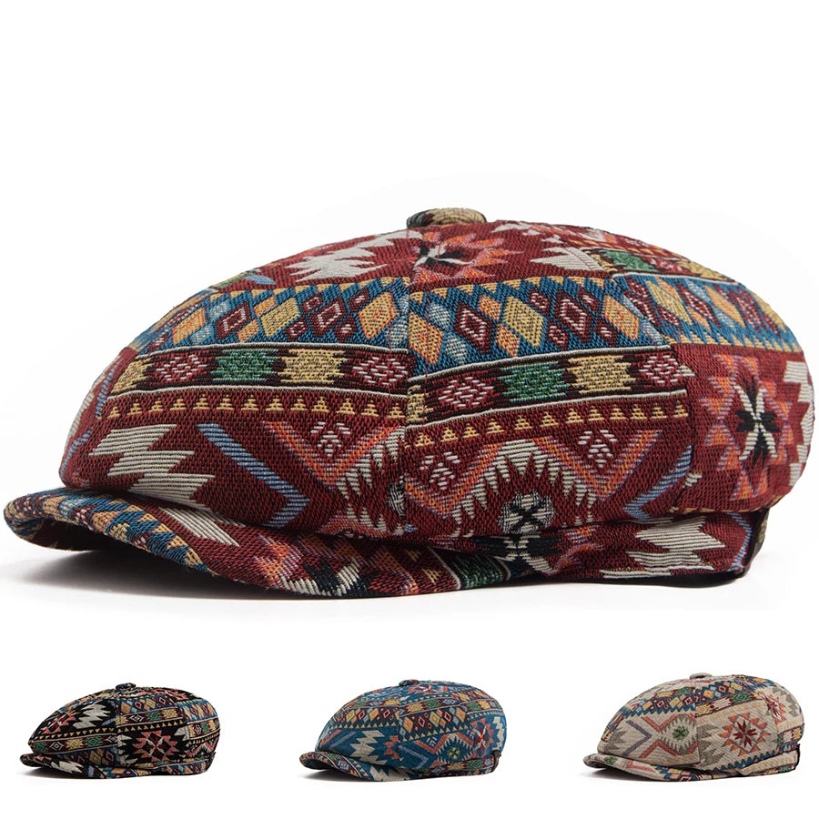Geometric Print Newsboy Cap | Bohemian Heritage Cap | Urban Caps NZ