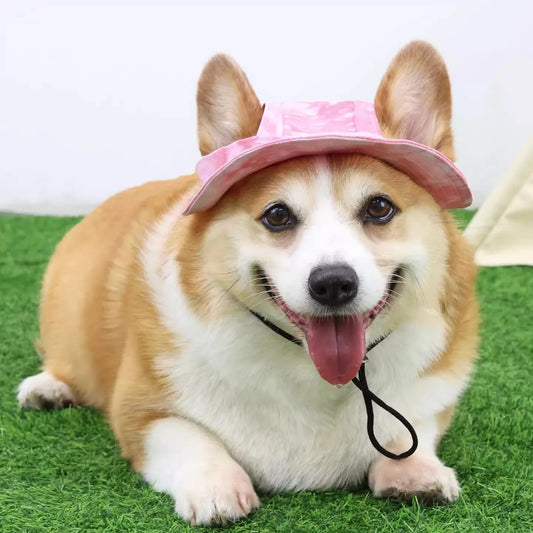 Dog bucket hat with ear holes and chin strap in pink