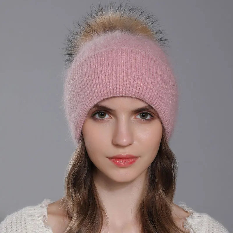 The Banff | Natural Raccoon Fur Pompom Knitted Beanie | Urban Caps NZ