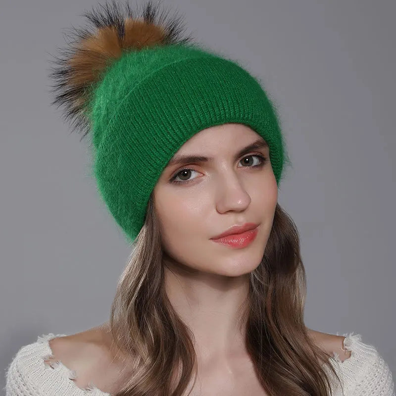 The Banff | Natural Raccoon Fur Pompom Knitted Beanie | Urban Caps NZ