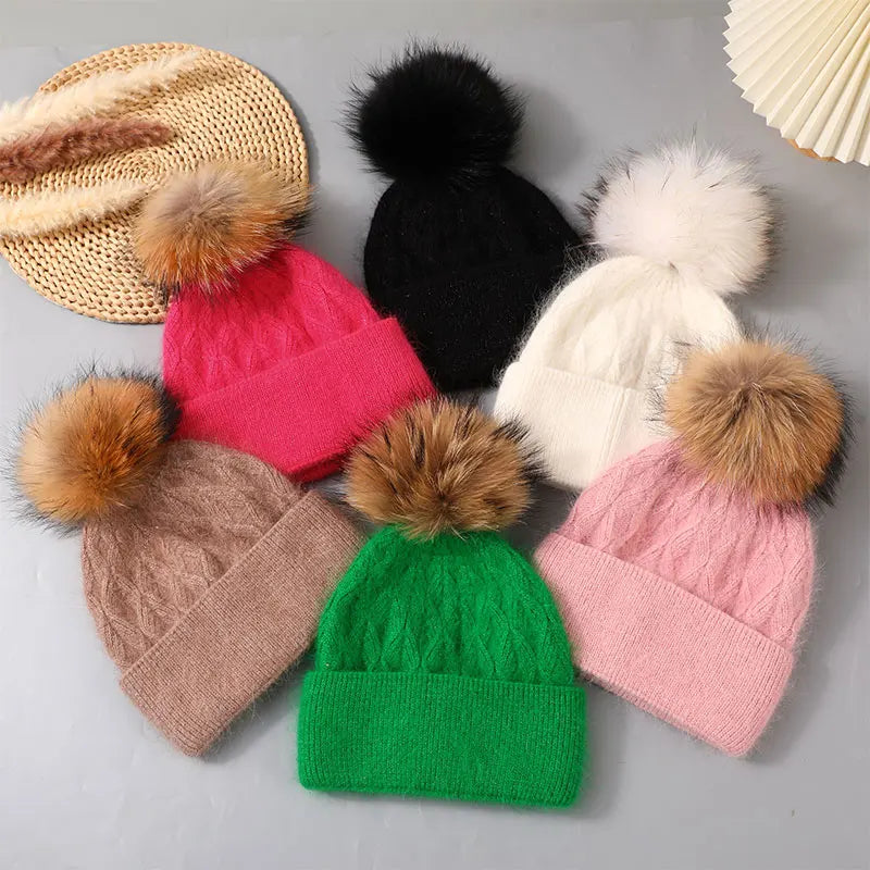 The Banff | Natural Raccoon Fur Pompom Knitted Beanie | Urban Caps NZ
