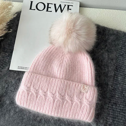 Windermere Fur Pompom Beanie in Pink