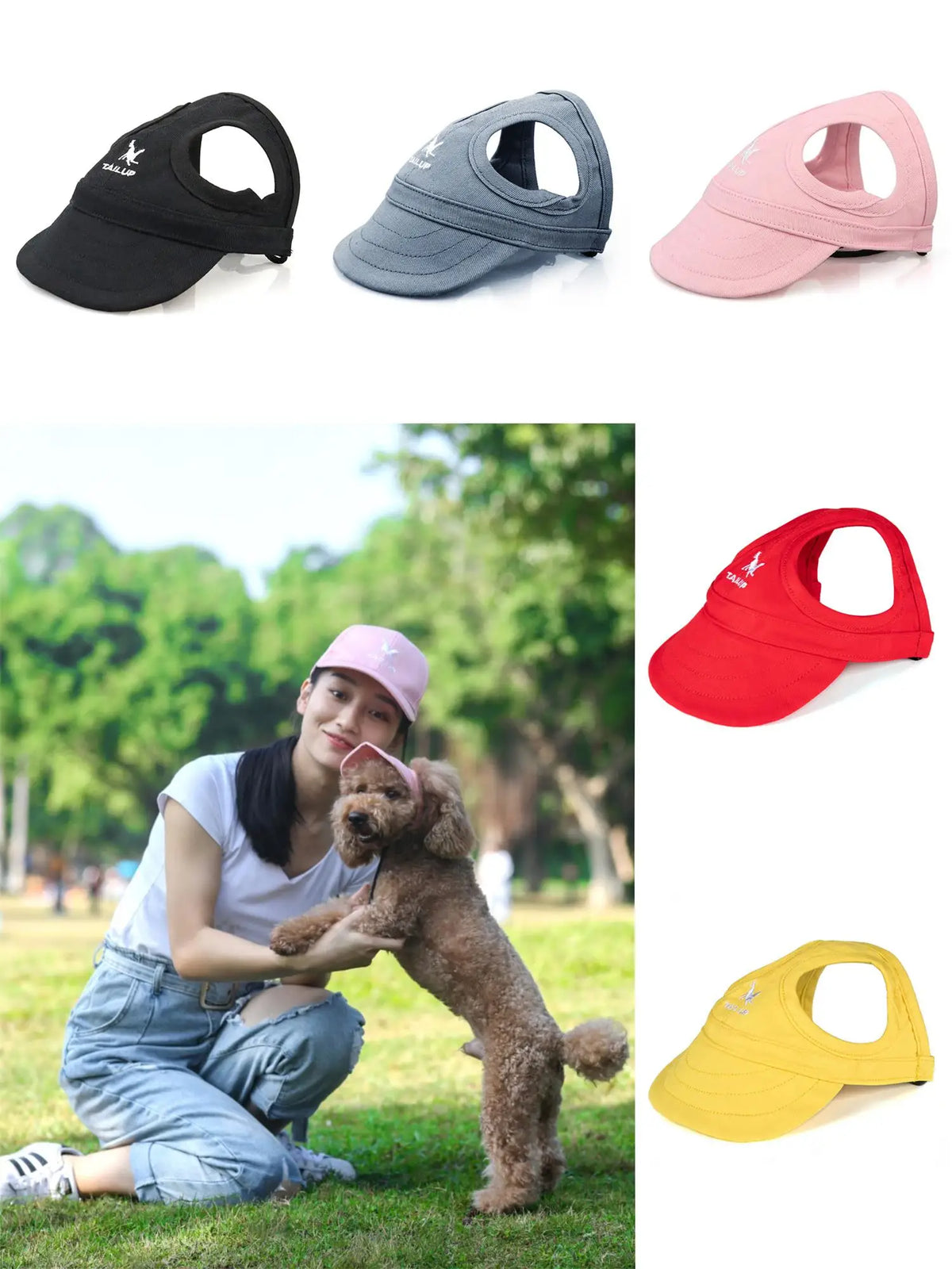 Dog baseball cap with lettering design and ear holes in pink