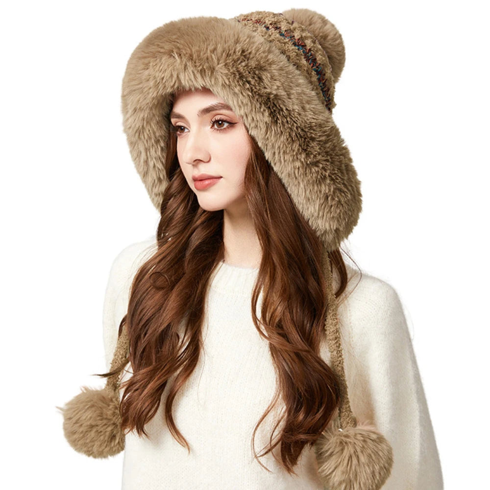 Nunavut Three-Pompom Fur Trapper Hat in Khaki
