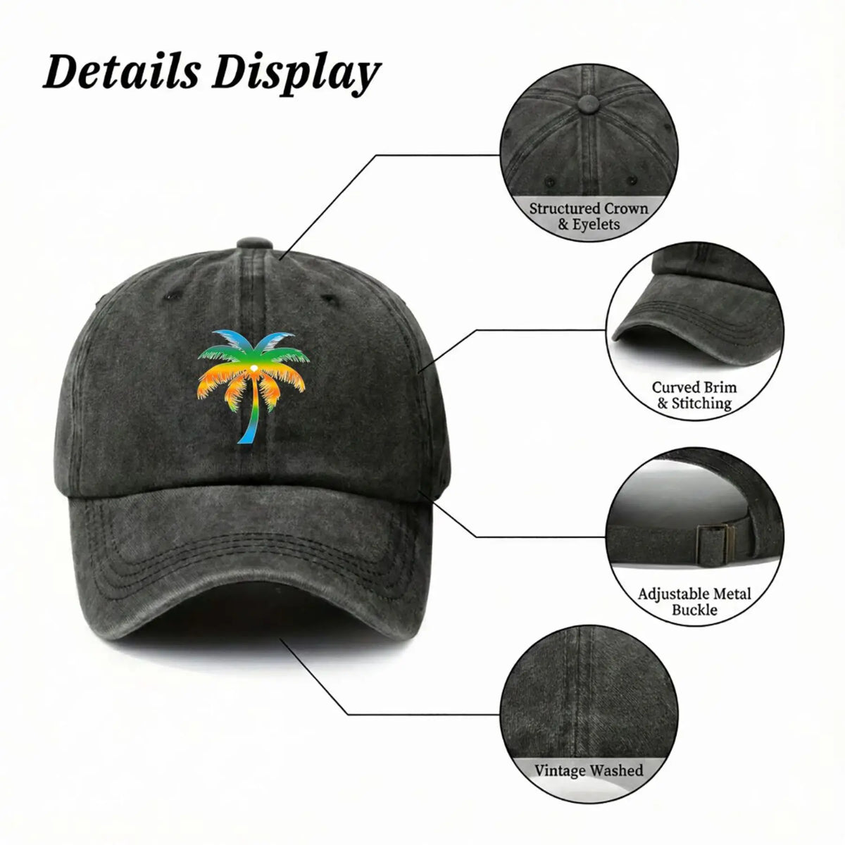 Palm Tree Embroidered Washed Cotton Cap – Unisex