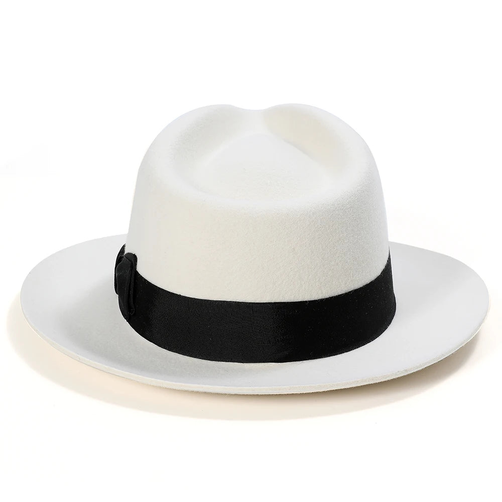 British Style White Fedora Hat – Premium Wool Felt Wide Brim Hat