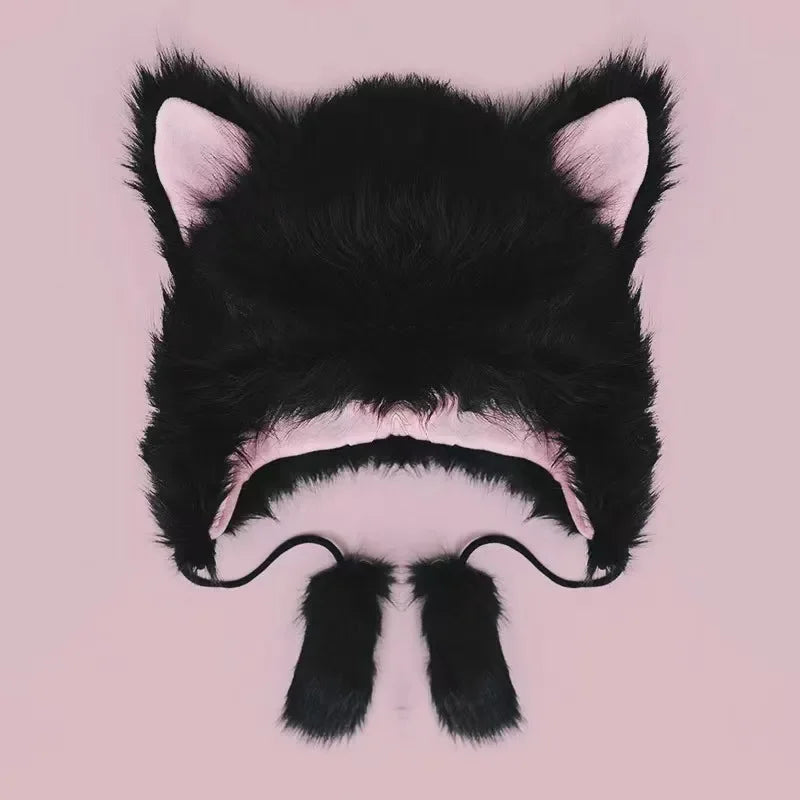 Whimsy Fox Ear Plush Beanie in Black