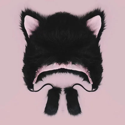 Whimsy Fox Ear Plush Beanie in Black