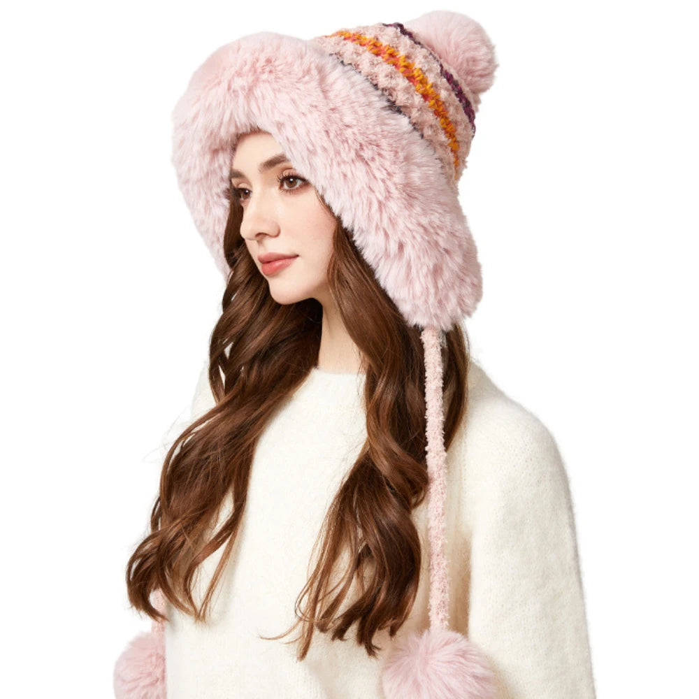 Nunavut Three-Pompom Fur Trapper Hat in Pink