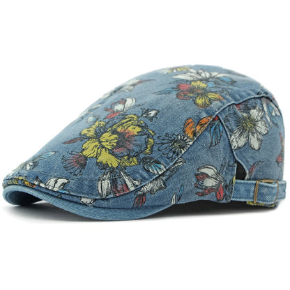 Lucca Floral Washed Denim Beret in Middle Blue
