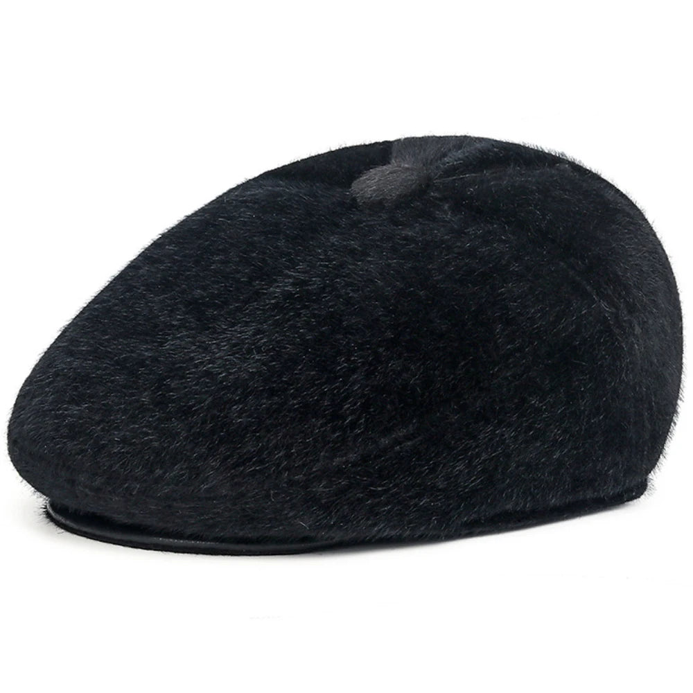 Inverness Faux Fur-Trim Beret in Black