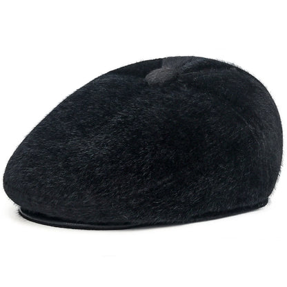 Inverness Faux Fur-Trim Beret in Black