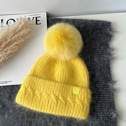 Windermere Fur Pompom Beanie in Yellow