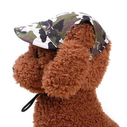 Dog cap shown in camouflage, floral and stripe designs