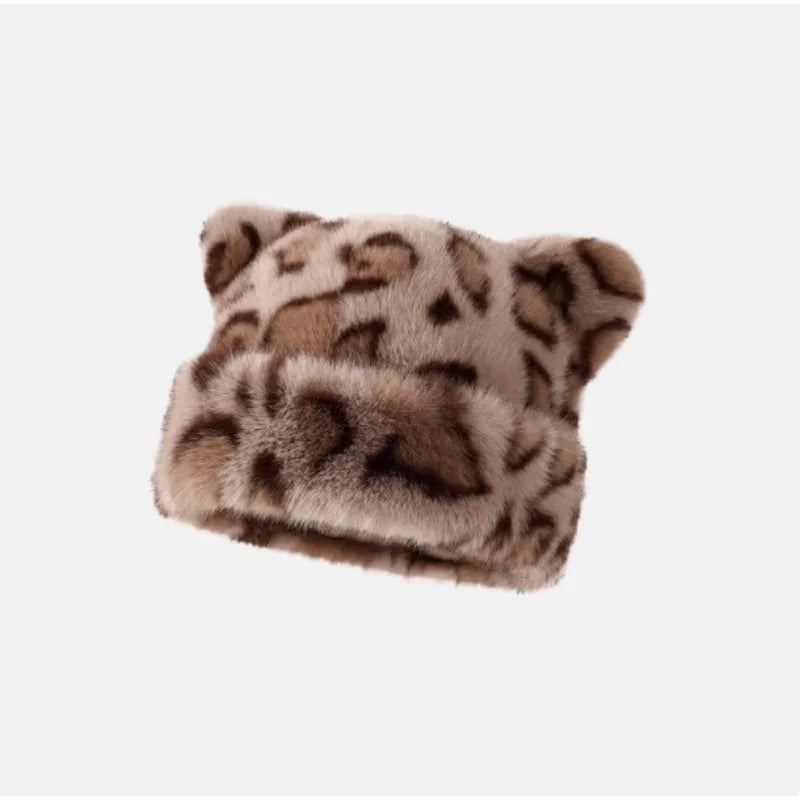 Amara Leopard Teddy Bear Beanie in Khaki