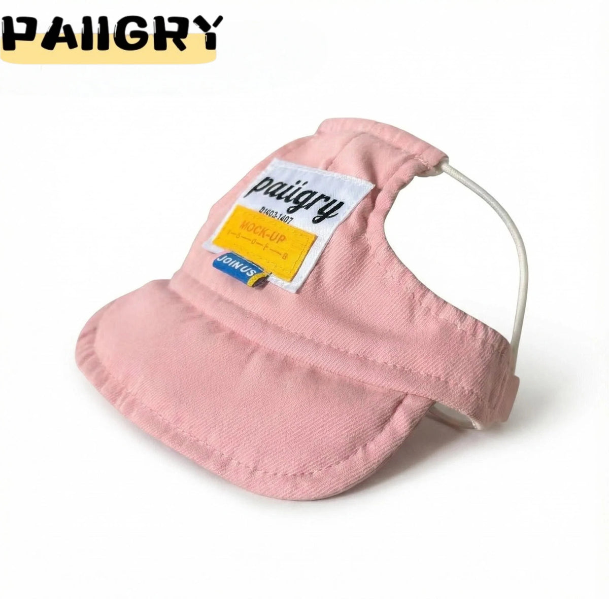 Small dog wearing a yellow sun visor cap