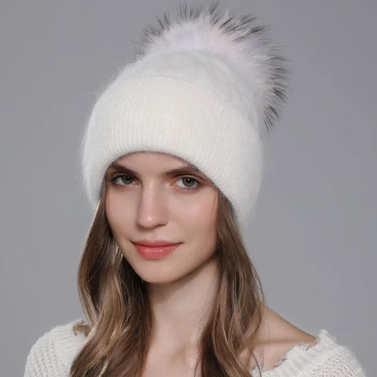The Banff | Natural Raccoon Fur Pompom Knitted Beanie | Urban Caps NZ