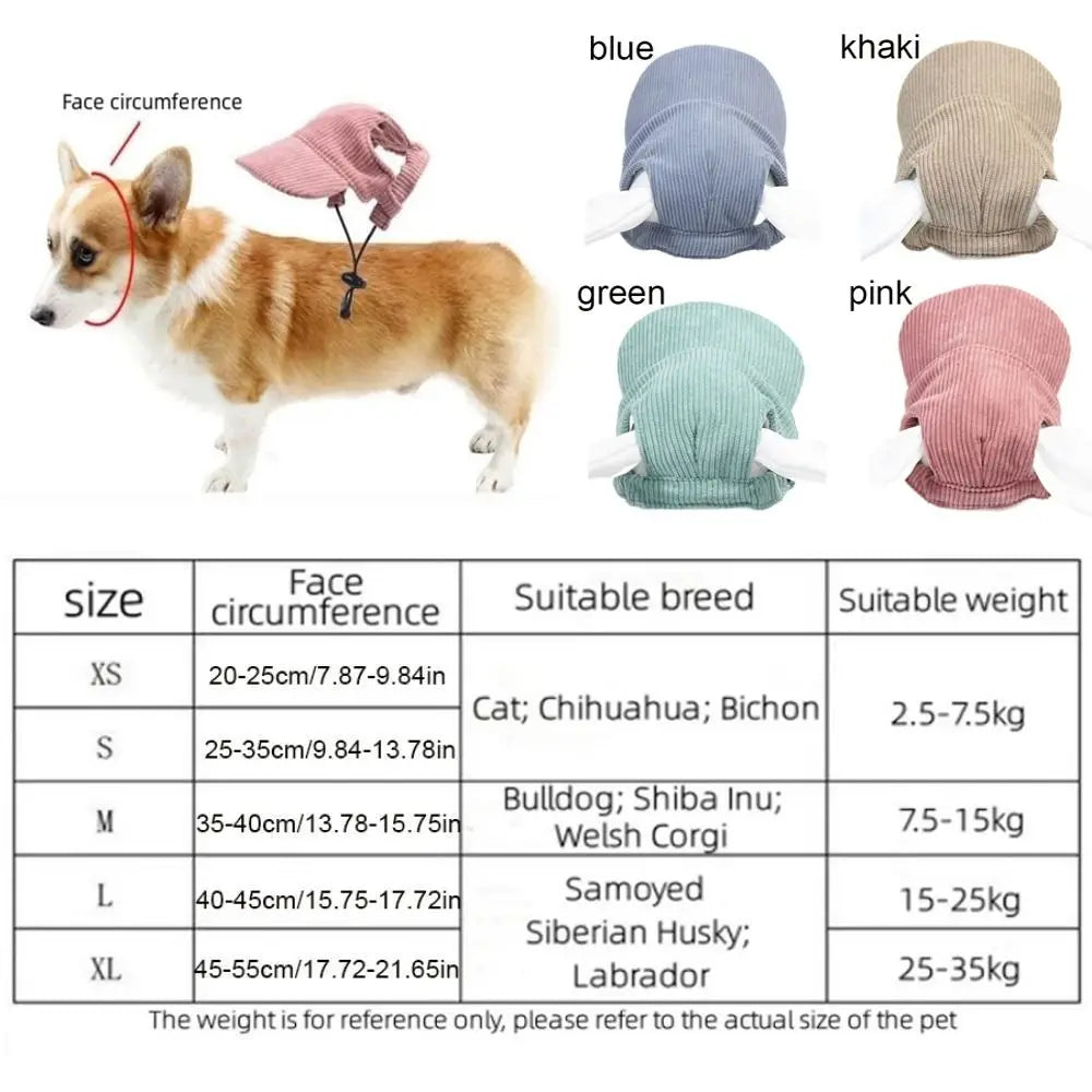 Small dog wearing a khaki corduroy cap