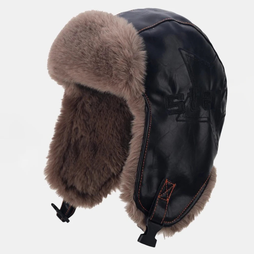 Barents Faux Leather Trapper Hat in Black