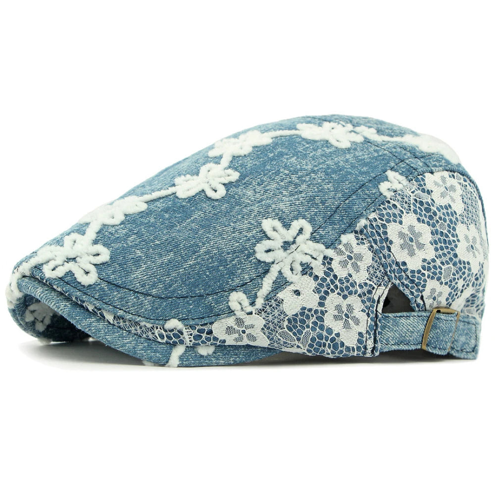 Genoa Floral Denim Beret in Middle Blue