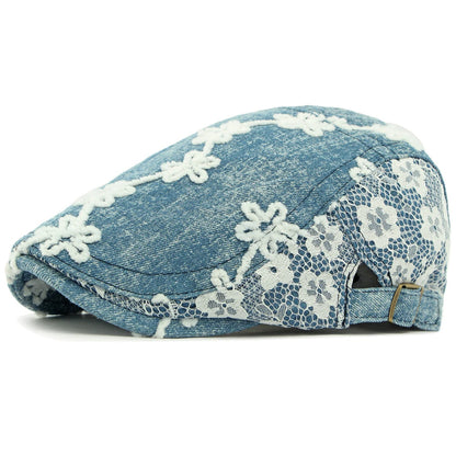 Genoa Floral Denim Beret in Middle Blue