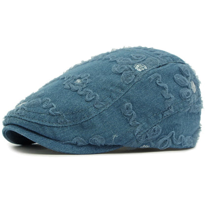 Genoa Floral Denim Beret in Dark Blue