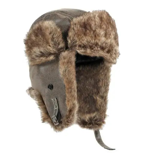 Iqaluit Leather Fur Trapper Hat in Style 3 Coffee