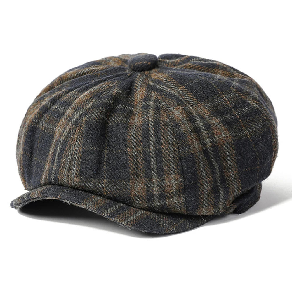 Nantes Plaid Wool Beret in Navy Blue