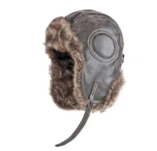 Iqaluit Leather Fur Trapper Hat in Style 2 Coffee