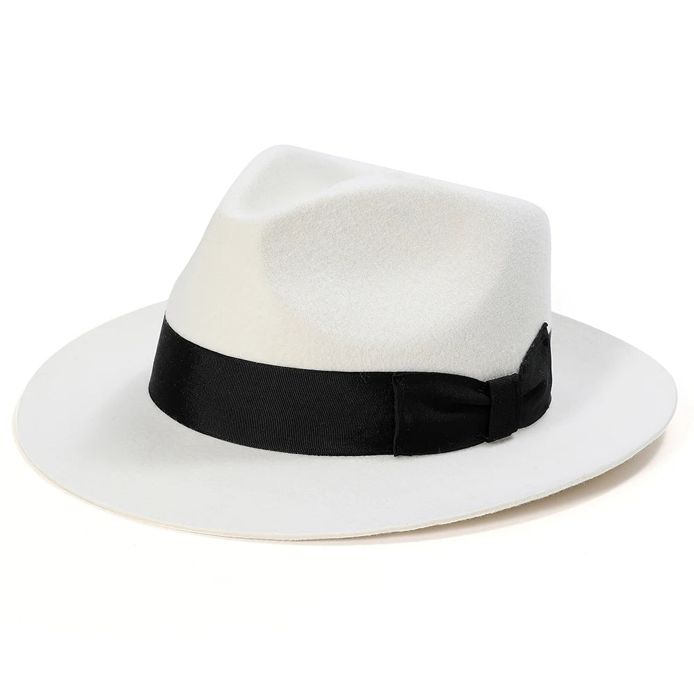 British Style White Fedora Hat – Premium Wool Felt Wide Brim Hat