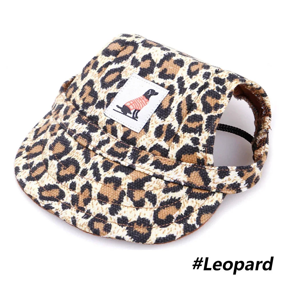 Dog cap shown in camouflage, floral and stripe designs