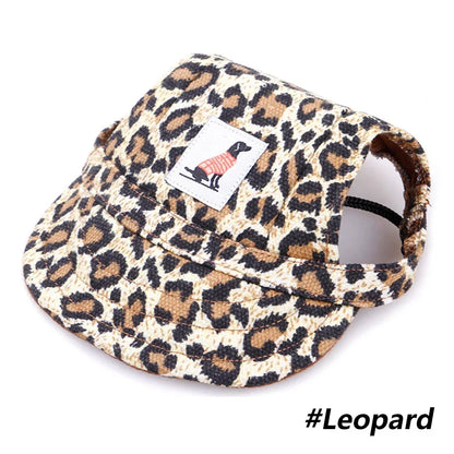 Dog cap shown in camouflage, floral and stripe designs