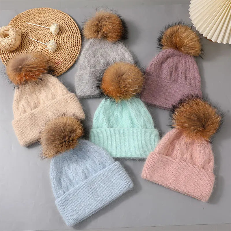 The Banff | Natural Raccoon Fur Pompom Knitted Beanie | Urban Caps NZ