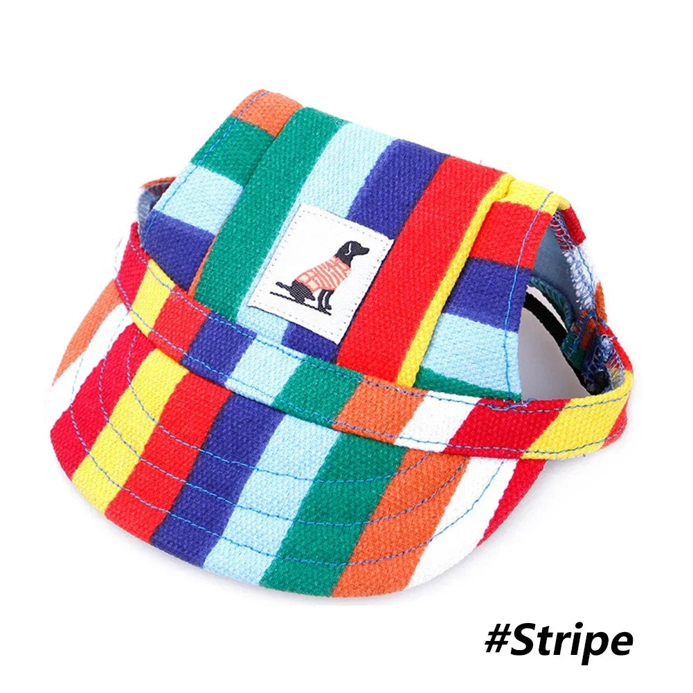 Dog cap shown in camouflage, floral and stripe designs
