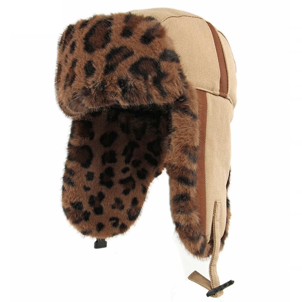 Klondike Leopard-Print Trapper Hat in Light Khaki