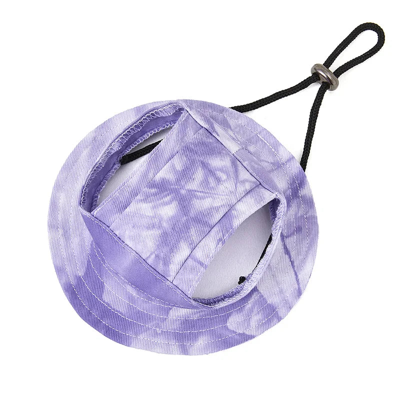 Small dog wearing a yellow bucket hat